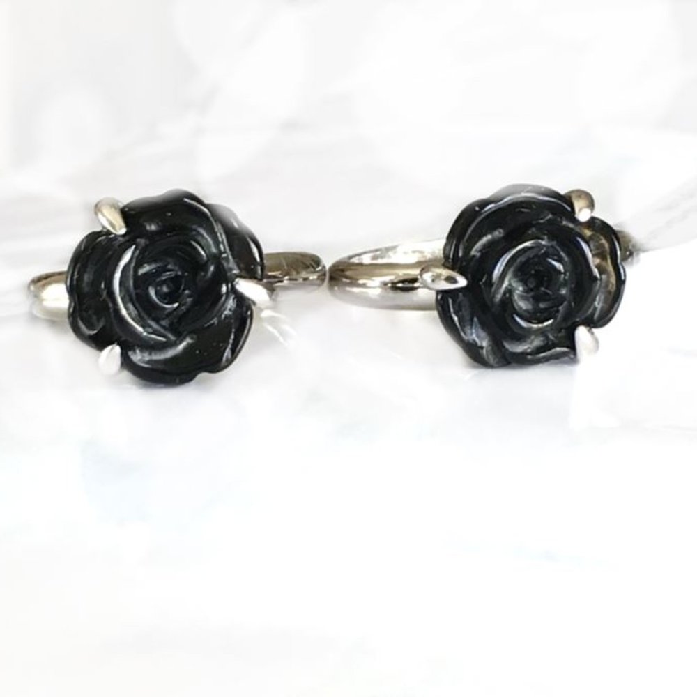 Black Obsidian Carved Flower Ring .925 Sterlng Silver Size 5 or 7 Natural Gem - Picture 4 of 9